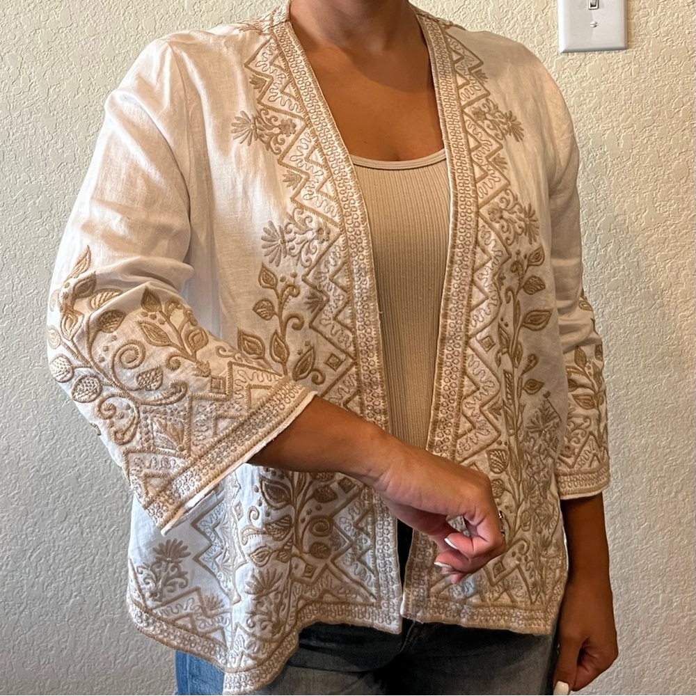 Johnny Was Tasya linen boho neutral embroidery bolero crop jacket cardigan